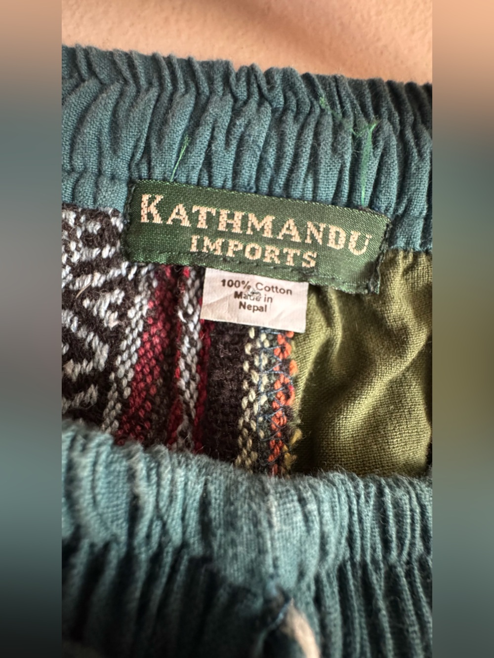 Kathmandu Patchwork Boho Men's Pants in Green, Teal, Red, Olive, Cream - Picture 3 of 6